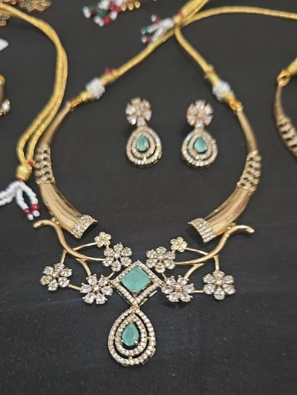 Gold-Tone Floral Necklace & Earrings Set with Mint Green Stones